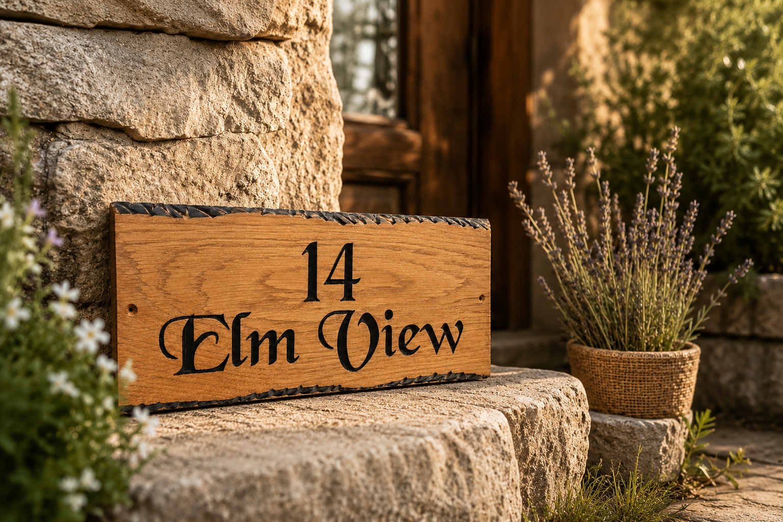 Personalised engraved oak house sign on a rustic stone entrance, handcrafted in Britain for outdoor use.