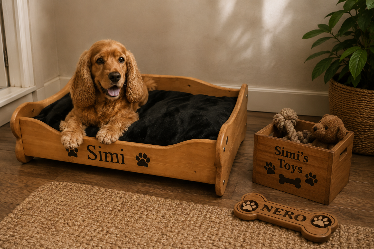 Personalised oak dog bed with engraved toy box and custom dog name plaque displayed in a cosy pet-friendly home.