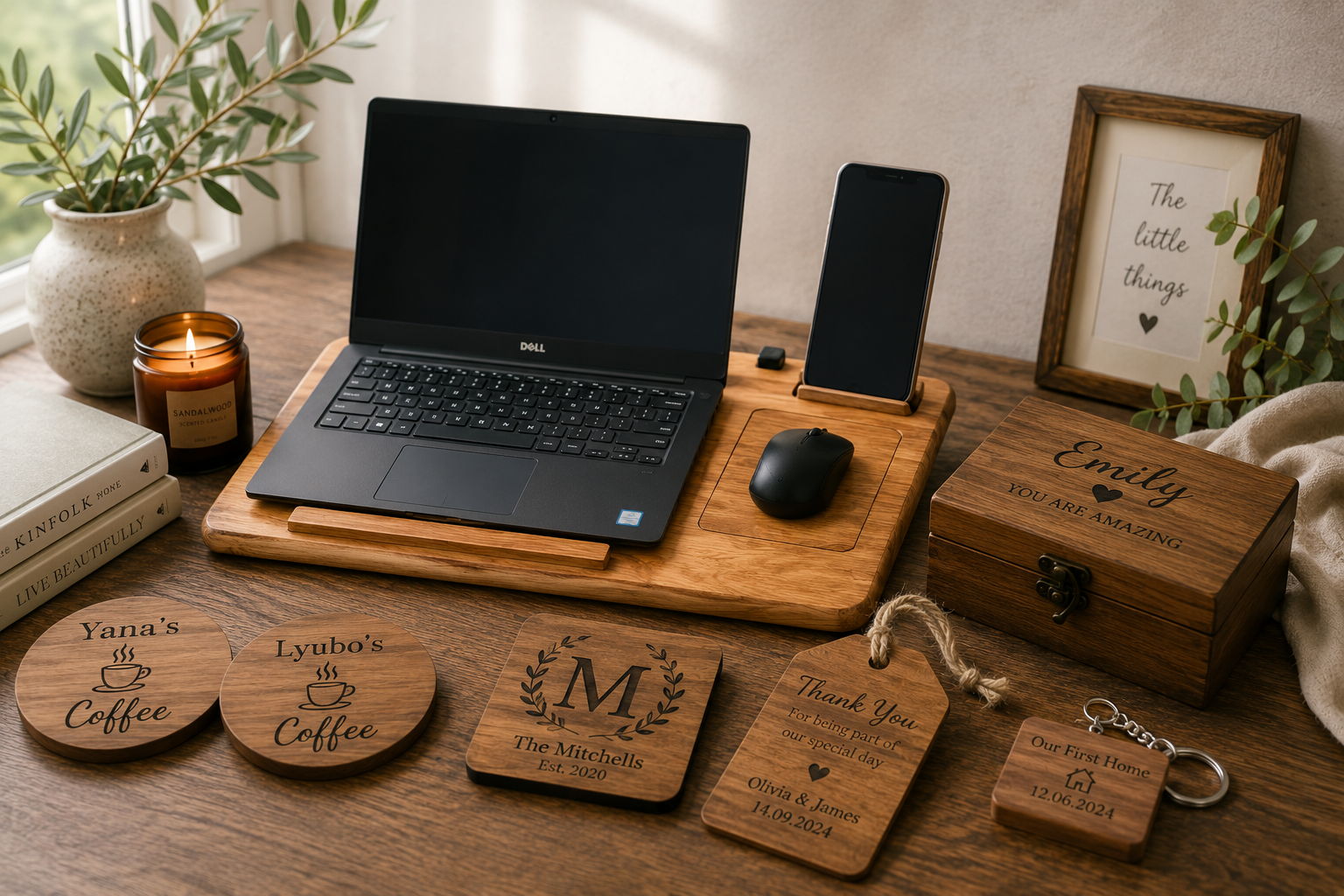 Handcrafted personalised oak gifts including a laptop stand, phone stand, engraved keepsake box, wooden coasters and personalised keyring displayed in a cosy home workspace.