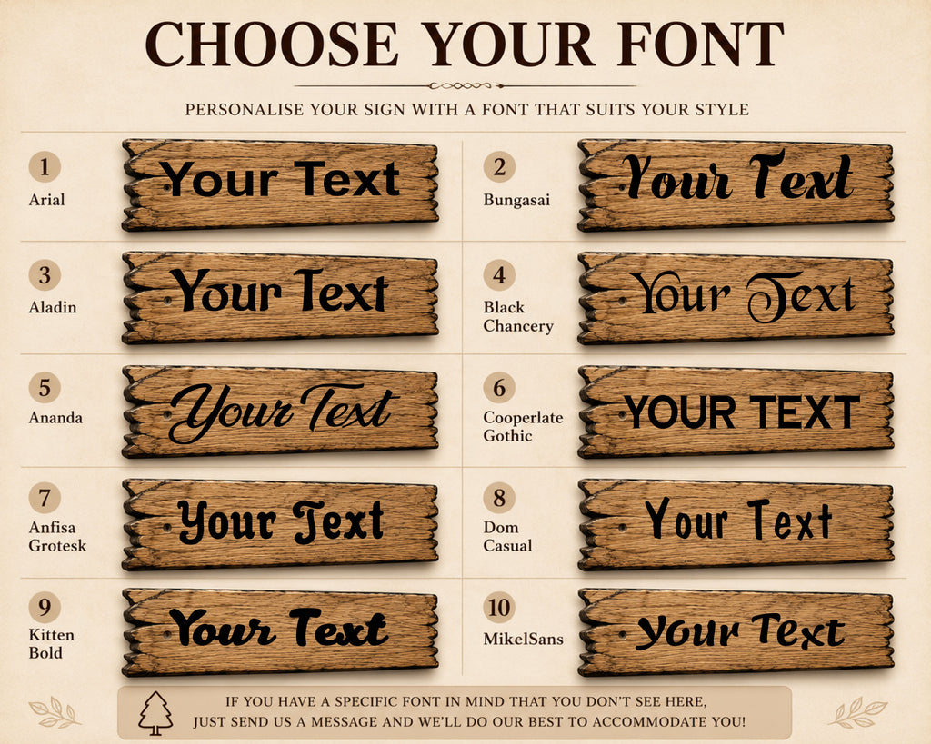 Font options available for personalising the solid oak house sign.