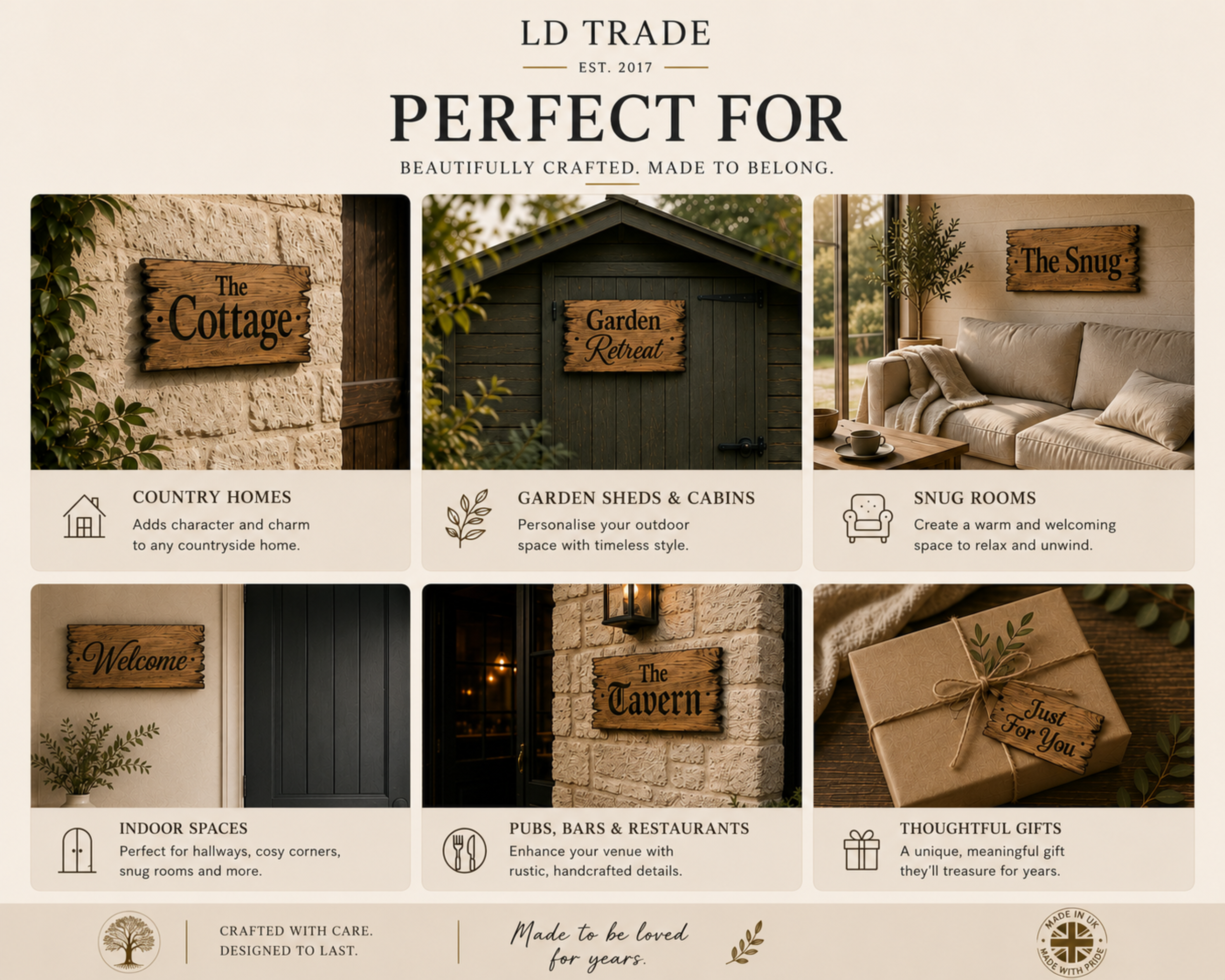 Personalised solid oak sign displayed in cottages, garden rooms, cabins and farmhouse settings.