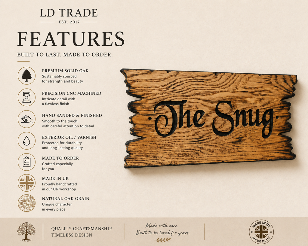 Product features of the personalised solid oak house sign including CNC carving, premium oak and handmade finish.