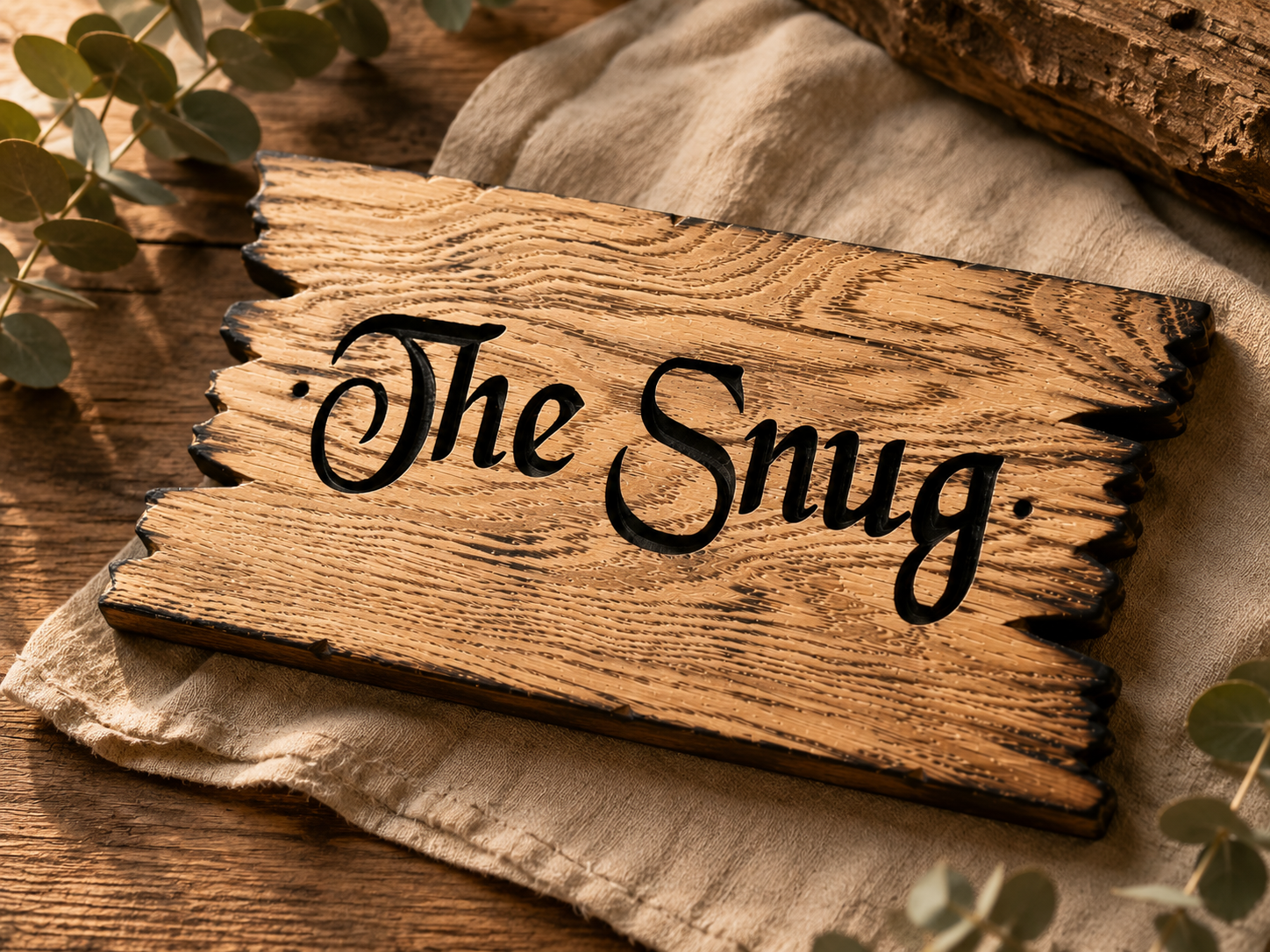 Close-up of a handcrafted solid oak house sign showing natural wood grain, burnt edges and CNC carved lettering.