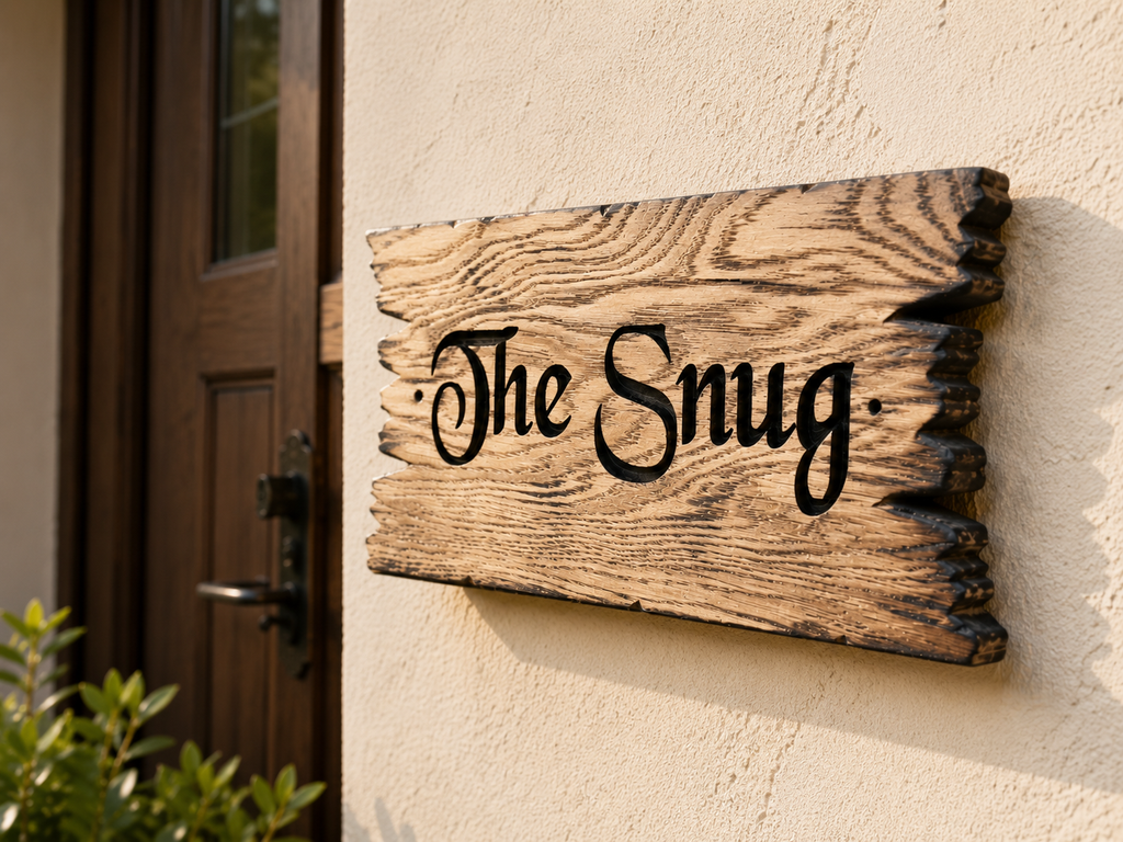 Personalised solid oak house sign with rustic burnt edges mounted beside a front door.