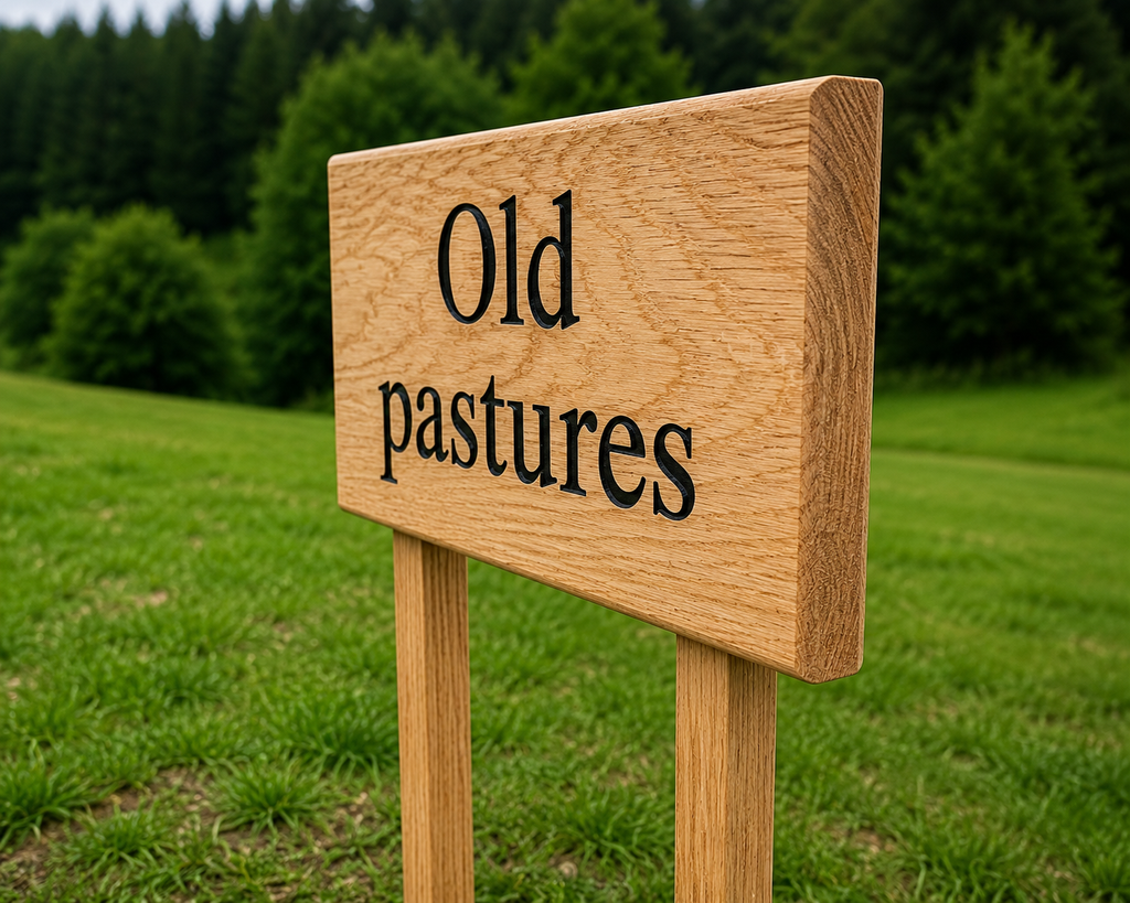 Angled view of engraved wooden house sign right side