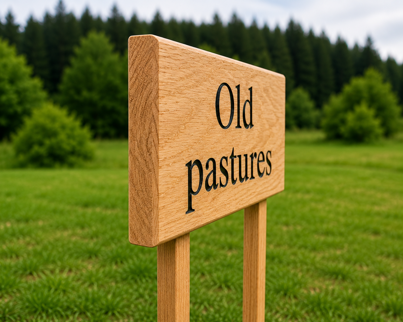 Angled view of engraved oak sign left side