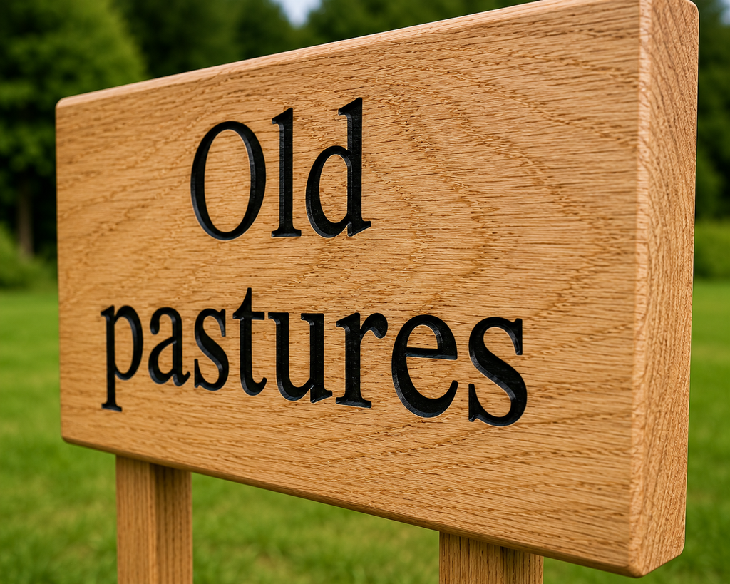 Close-up of engraved solid oak lettering