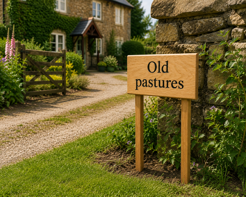 Wooden house sign installed beside a cottage driveway