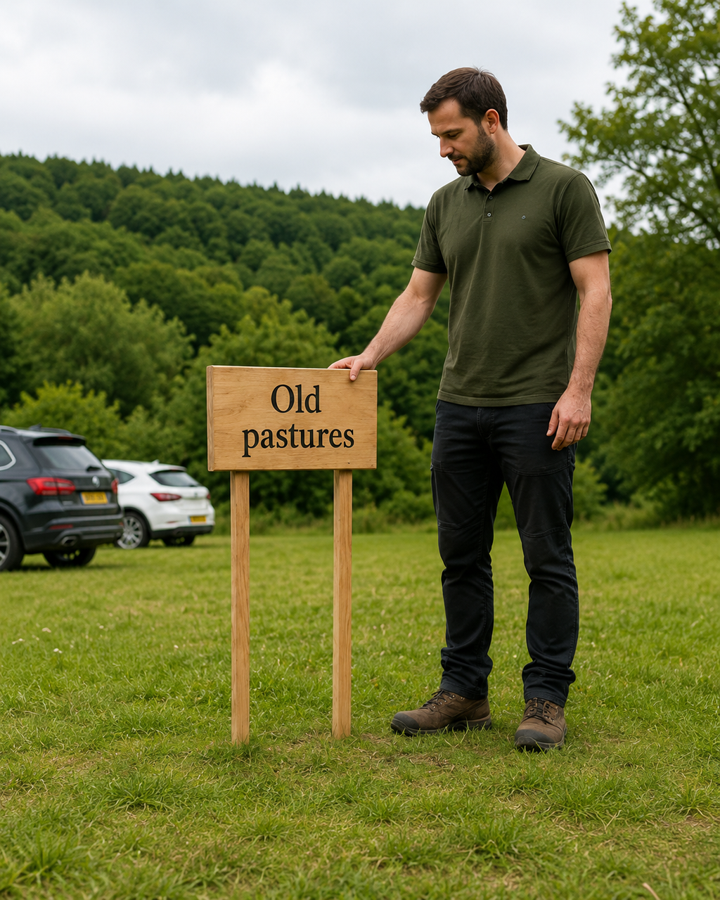 Wooden ground stake sign shown beside an adult for size comparison