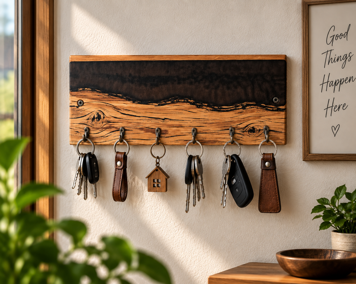 Rustic Wooden Key Holder with  Epoxy Resin – Handmade Wall Mounted Key Rack