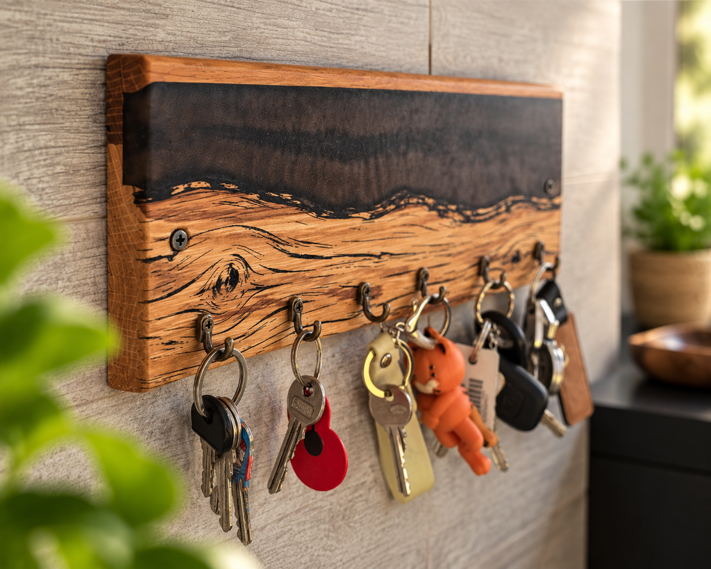 Rustic Wooden Key Holder with  Epoxy Resin – Handmade Wall Mounted Key Rack