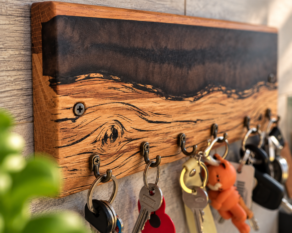 Rustic Wooden Key Holder with  Epoxy Resin – Handmade Wall Mounted Key Rack