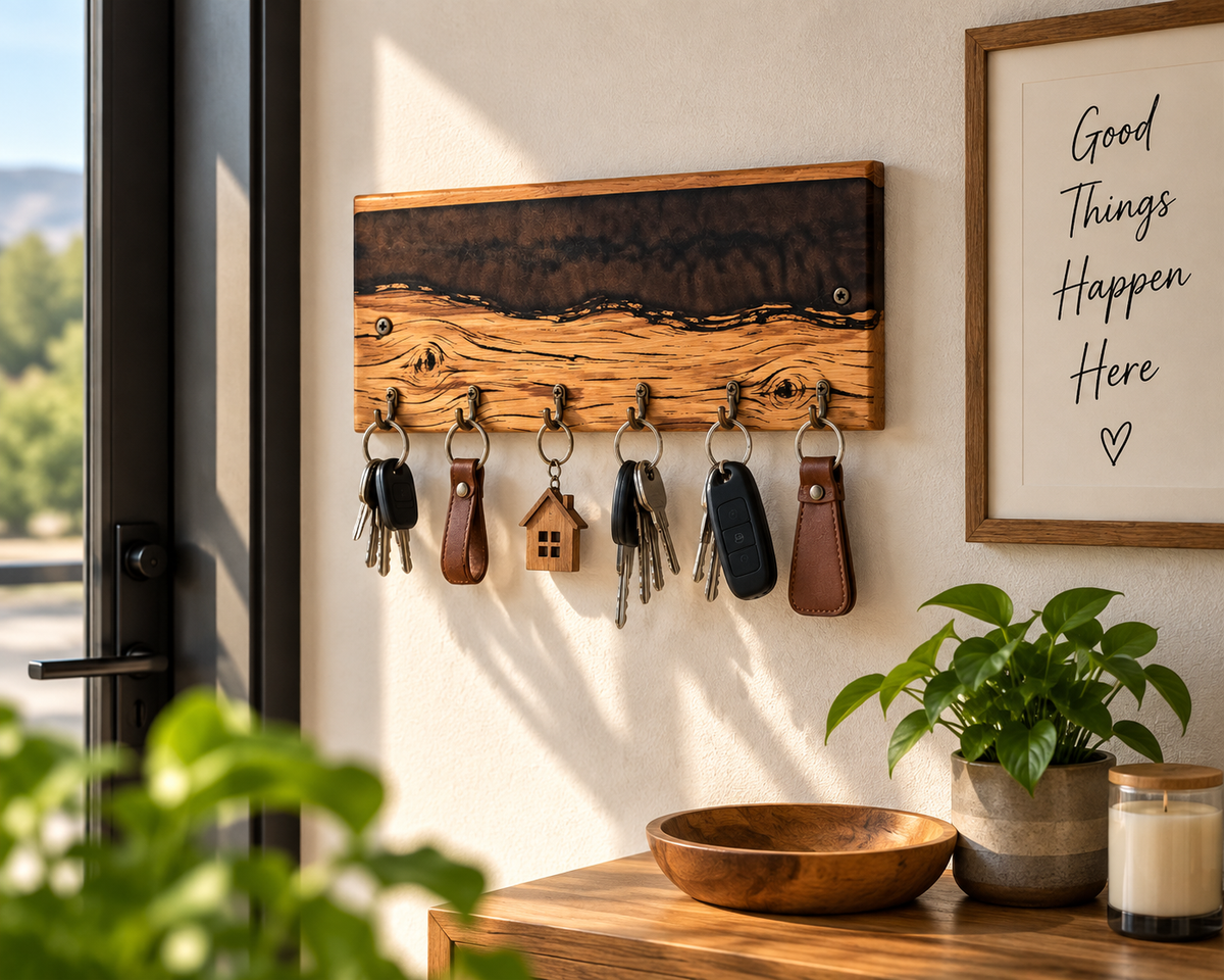 Rustic Wooden Key Holder with  Epoxy Resin – Handmade Wall Mounted Key Rack