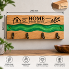 Personalised Handmade Oak Key Holder with Green Epoxy River, 5 Hooks, Engraved Home Sweet Home