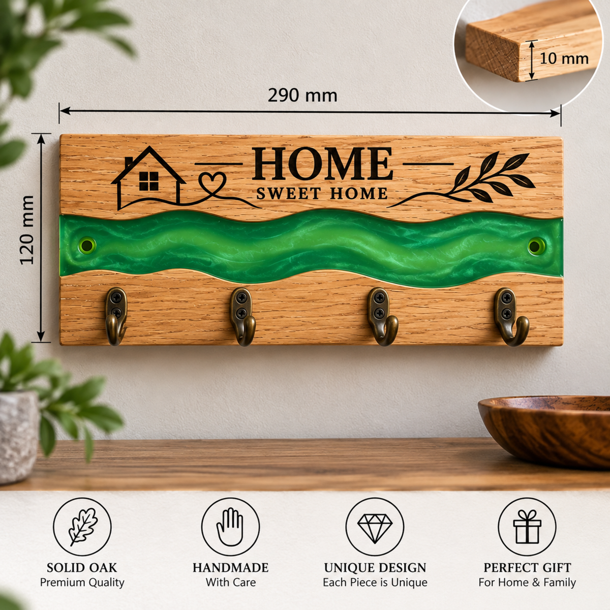 Personalised Handmade Oak Key Holder with Green Epoxy River, 5 Hooks, Engraved Home Sweet Home