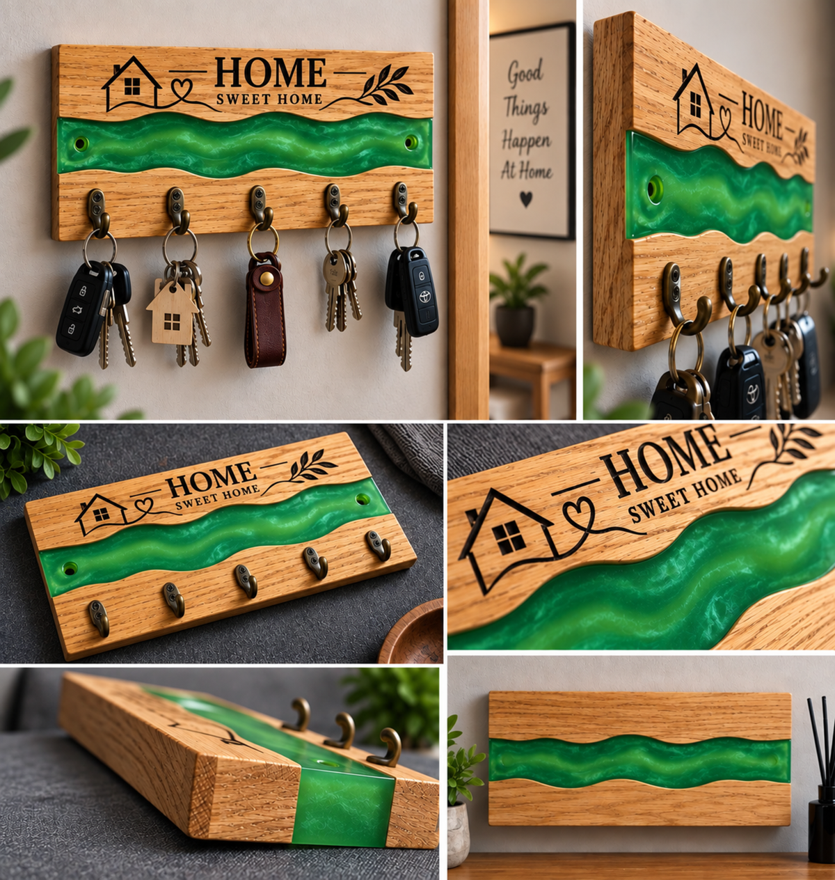 Oak Key Holder Wall Mounted, Green Resin River Key Rack, Wooden Home Decor, Handmade Housewarming Gift, 5 Hook Key Organiser