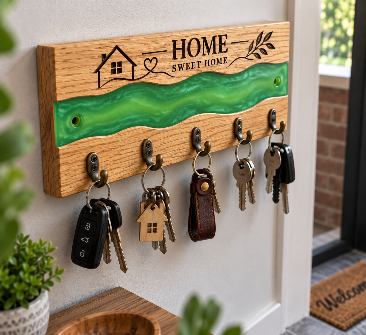 Oak Key Holder Wall Mounted, Green Resin River Key Rack, Wooden Home Decor, Handmade Housewarming Gift, 5 Hook Key Organiser