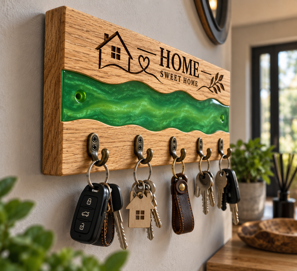 Oak Key Holder Wall Mounted, Green Resin River Key Rack, Wooden Home Decor, Handmade Housewarming Gift, 5 Hook Key Organiser
