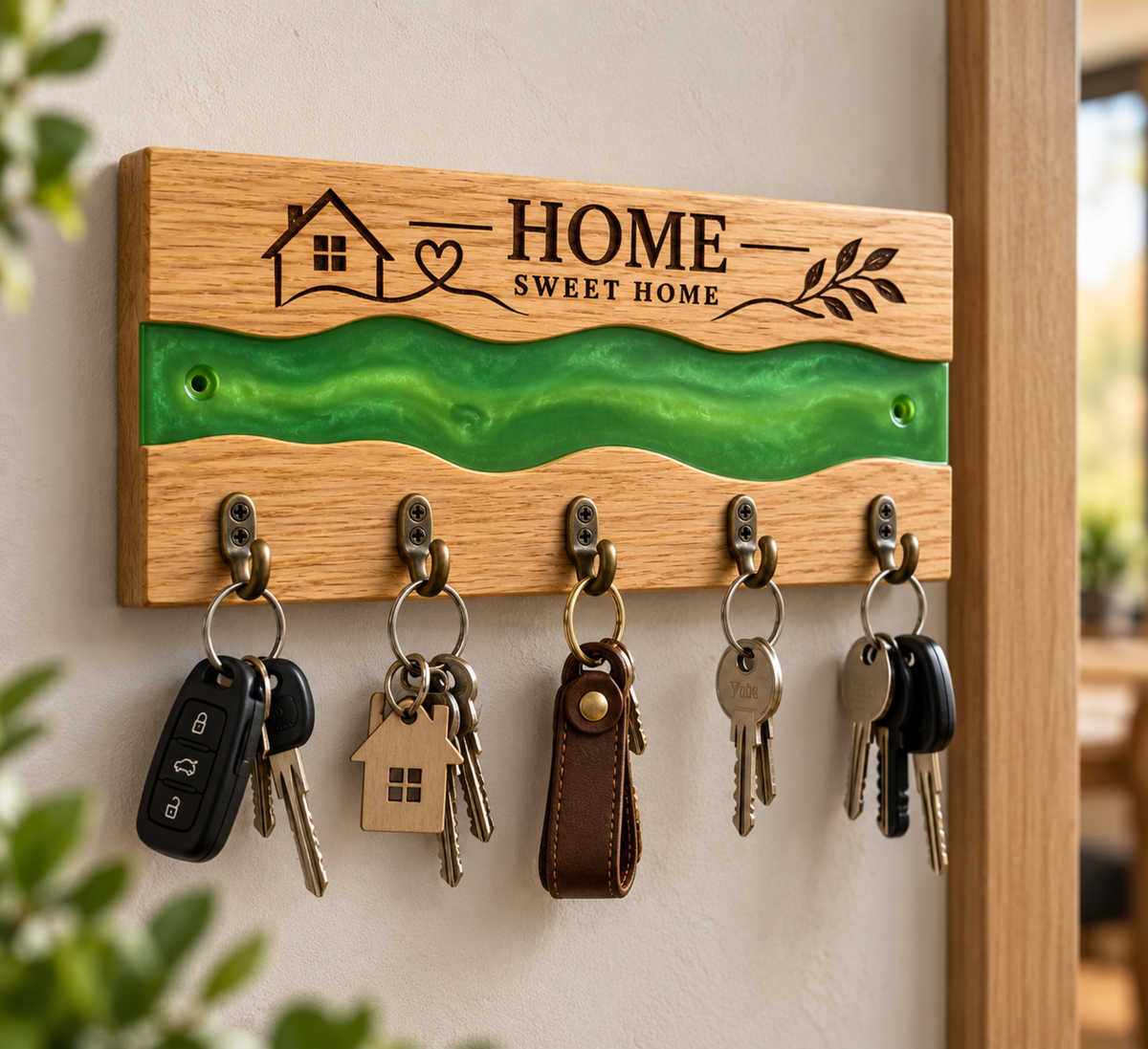 Oak Key Holder Wall Mounted, Green Resin River Key Rack, Wooden Home Decor, Handmade Housewarming Gift, 5 Hook Key Organiser