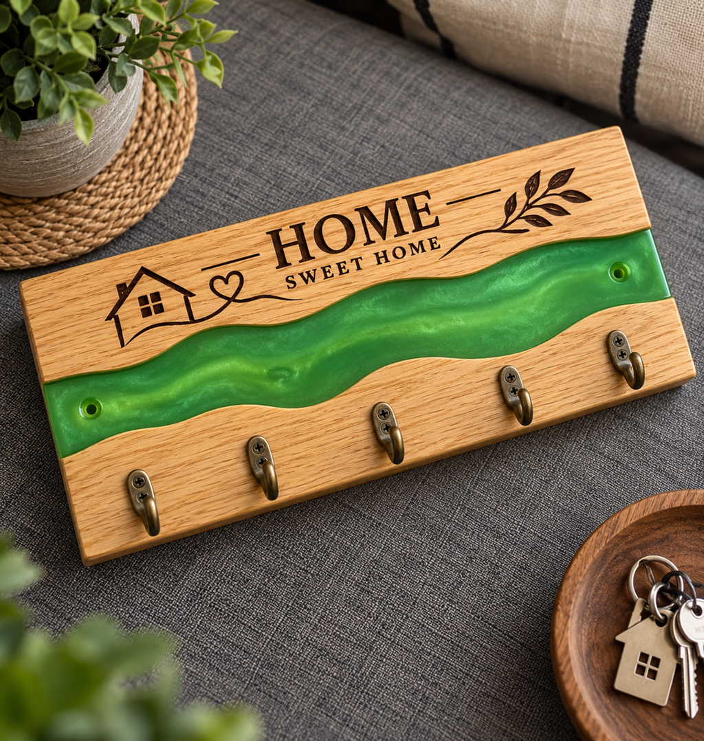 Oak Key Holder Wall Mounted, Green Resin River Key Rack, Wooden Home Decor, Handmade Housewarming Gift, 5 Hook Key Organiser