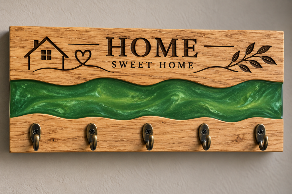 Oak Key Holder Wall Mounted, Green Resin River Key Rack, Wooden Home Decor, Handmade Housewarming Gift, 5 Hook Key Organiser