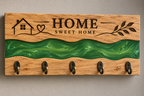 Oak Key Holder Wall Mounted, Green Resin River Key Rack, Wooden Home Decor, Handmade Housewarming Gift, 5 Hook Key Organiser