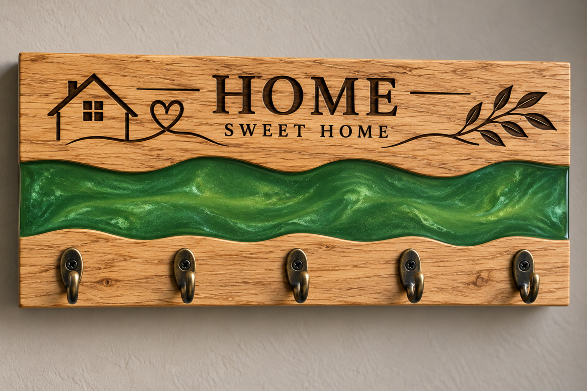 Oak Key Holder Wall Mounted, Green Resin River Key Rack, Wooden Home Decor, Handmade Housewarming Gift, 5 Hook Key Organiser