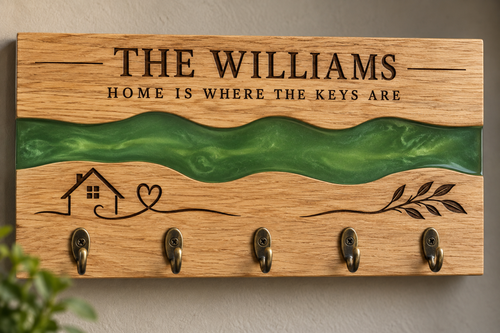 Oak Key Holder Wall Mounted, Green Resin River Key Rack, Wooden Home Decor, Handmade Housewarming Gift, 5 Hook Key Organiser