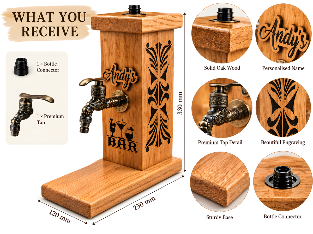 Personalised Wooden Whiskey Dispenser – Custom Bar Tap Stand