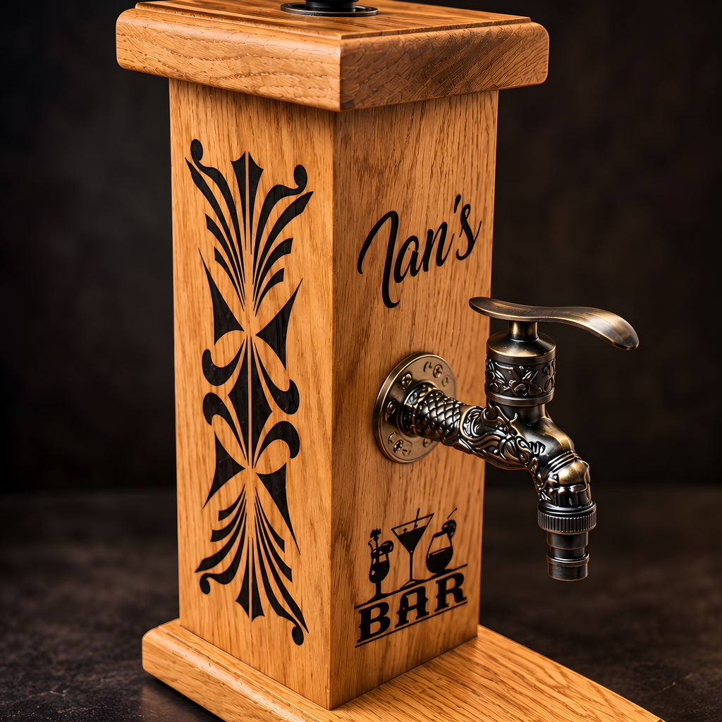 Personalised Wooden Whiskey Dispenser – Custom Bar Tap Stand