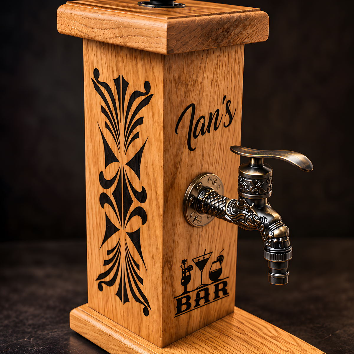 Personalised Wooden Whiskey Dispenser – Custom Bar Tap Stand