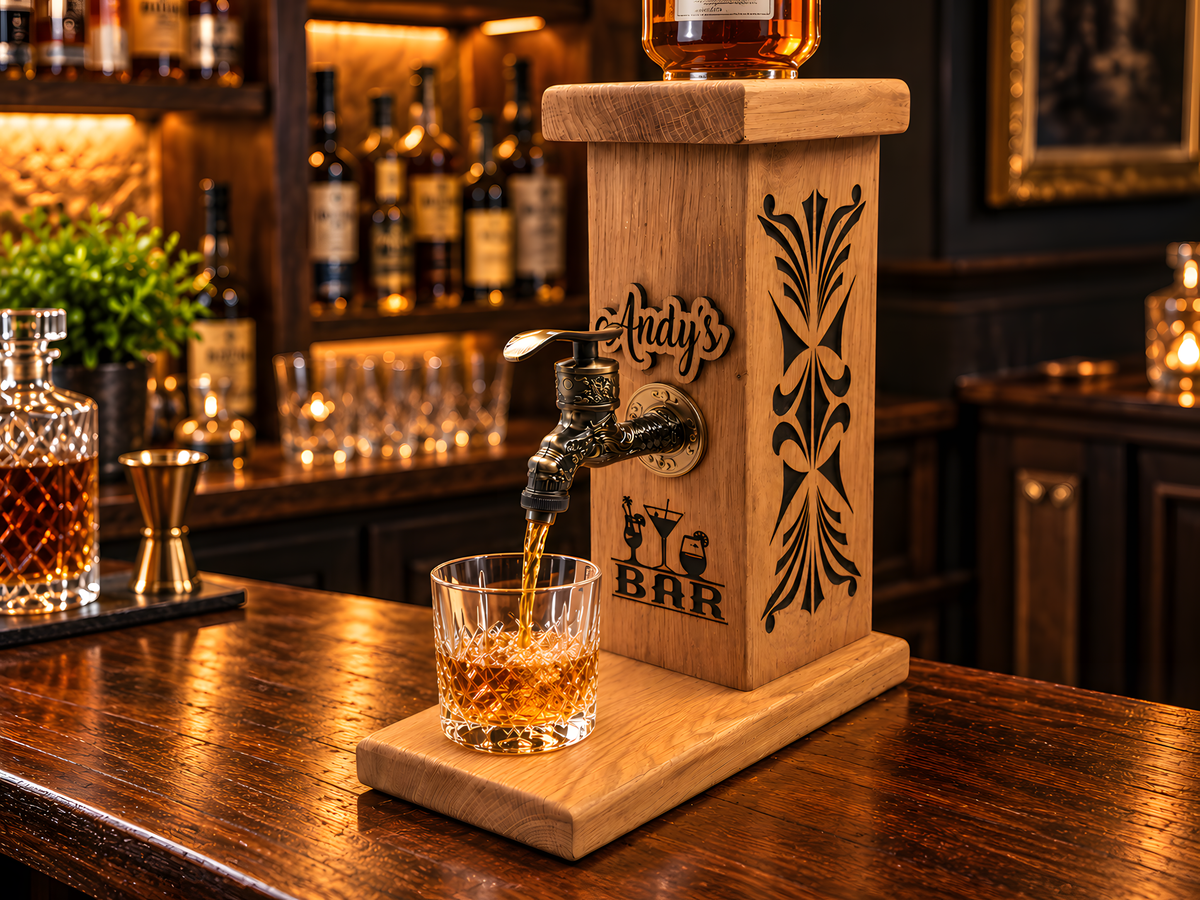 Personalised Wooden Whiskey Dispenser – Custom Bar Tap Stand