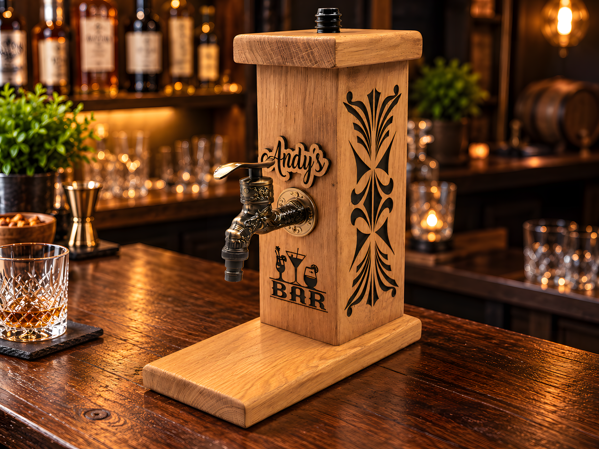 Personalised Wooden Whiskey Dispenser – Custom Bar Tap Stand
