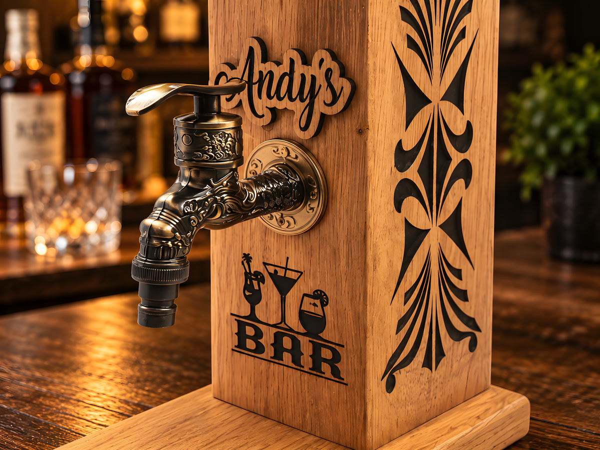 Personalised Wooden Whiskey Dispenser – Custom Bar Tap Stand
