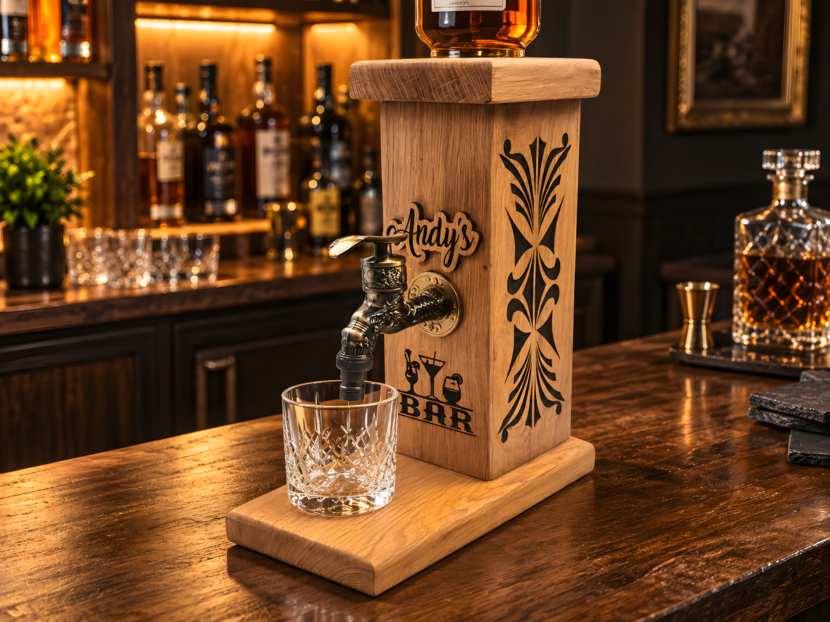Personalised Wooden Whiskey Dispenser – Custom Bar Tap Stand