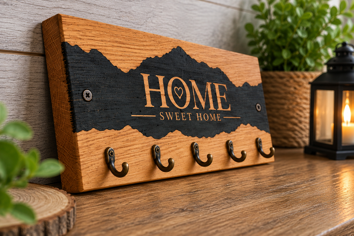 Premium Solid Oak & Epoxy Key Holder – Rustic HOME Sweet Home Key Rack