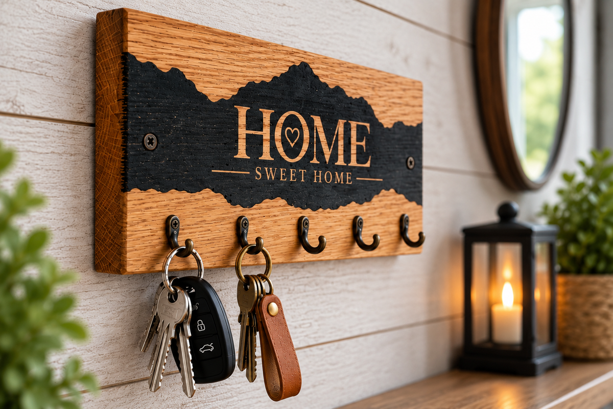 Premium Solid Oak & Epoxy Key Holder – Rustic HOME Sweet Home Key Rack