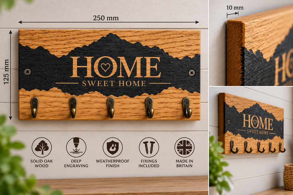 Premium Solid Oak & Epoxy Key Holder – Rustic HOME Sweet Home Key Rack