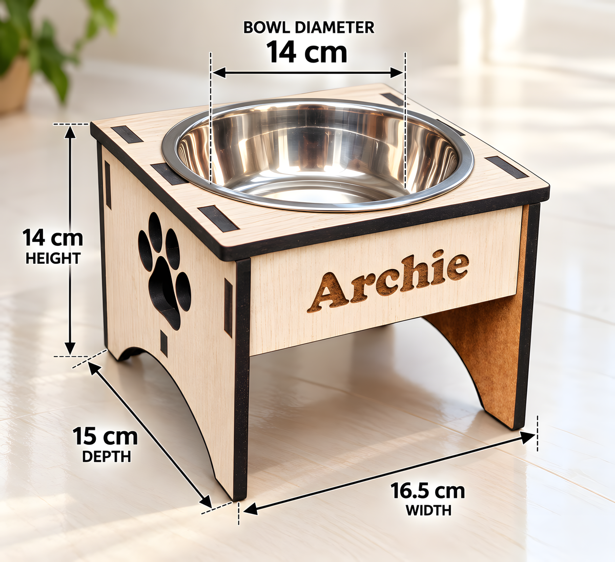 Personalised Raised Dog Bowl – Custom Wooden Pet Feeding Station
