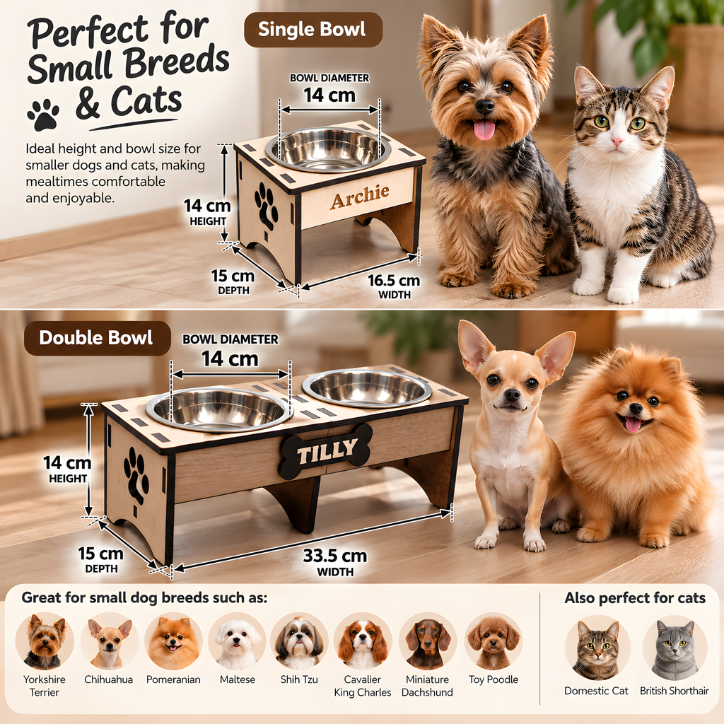 Personalised Raised Dog Bowl – Custom Wooden Pet Feeding Station