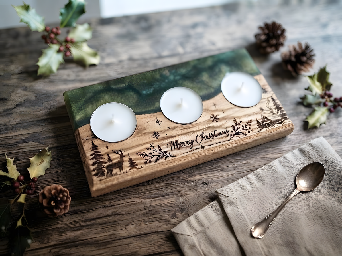 Solid Oak & Epoxy Resin Christmas Tealight Holder (90x190mm) – Engraved Holiday Decor