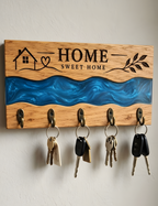 Personalised Handmade Oak Key Holder with Green Epoxy River, 5 Hooks, Engraved Home Sweet Home