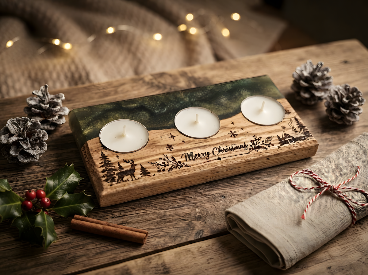 Solid Oak & Epoxy Resin Christmas Tealight Holder (90x190mm) – Engraved Holiday Decor