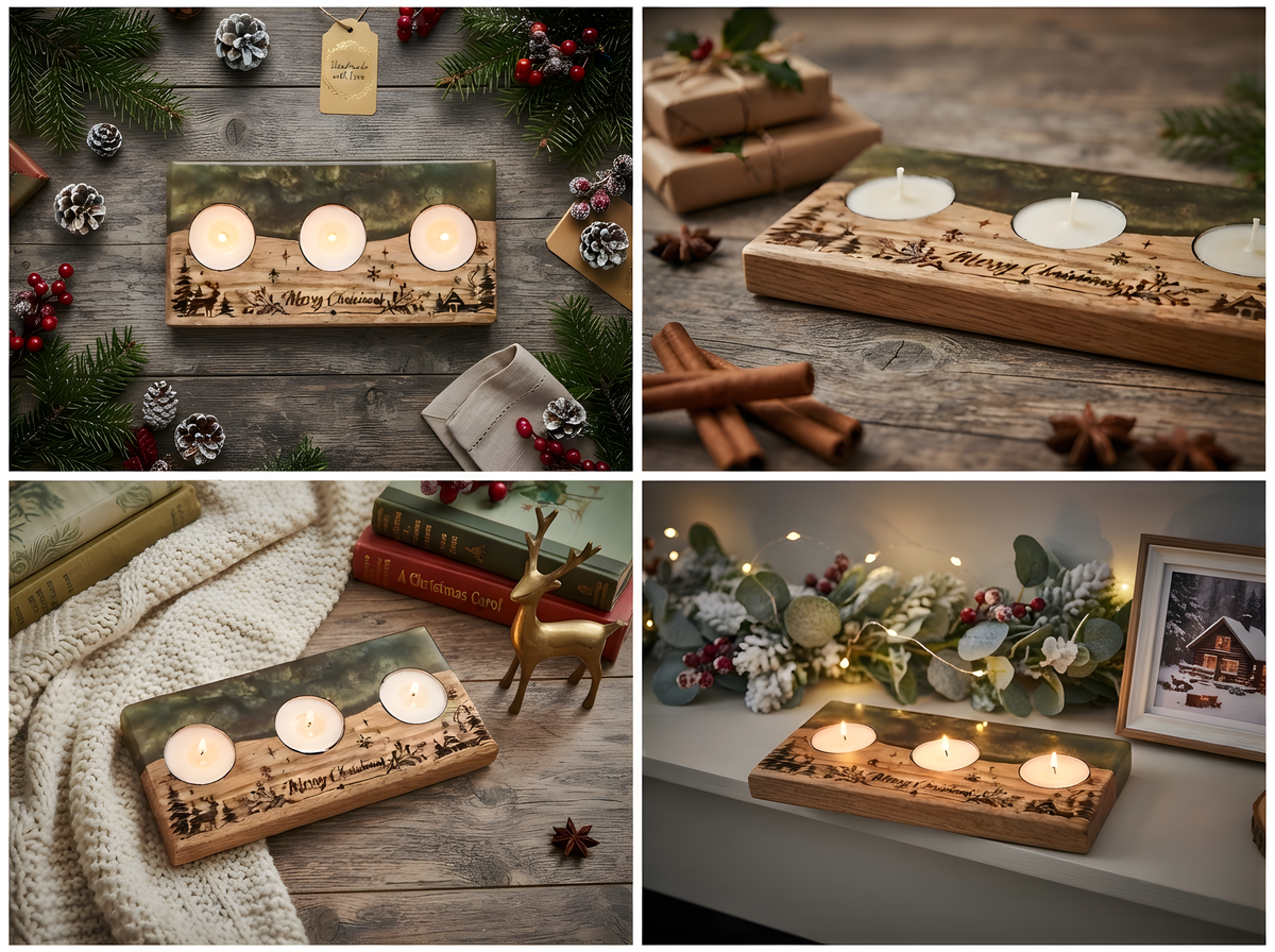 Solid Oak & Epoxy Resin Christmas Tealight Holder (90x190mm) – Engraved Holiday Decor