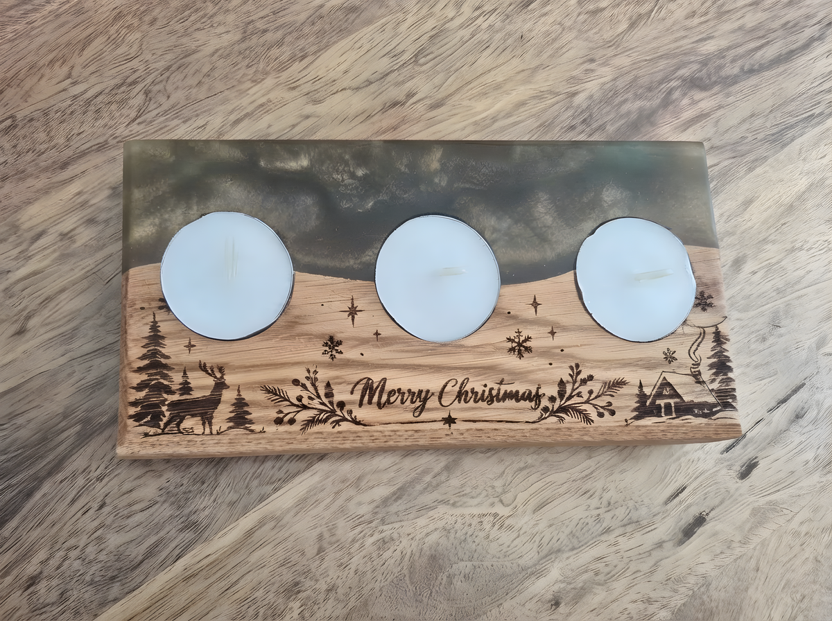 Solid Oak & Epoxy Resin Christmas Tealight Holder (90x190mm) – Engraved Holiday Decor