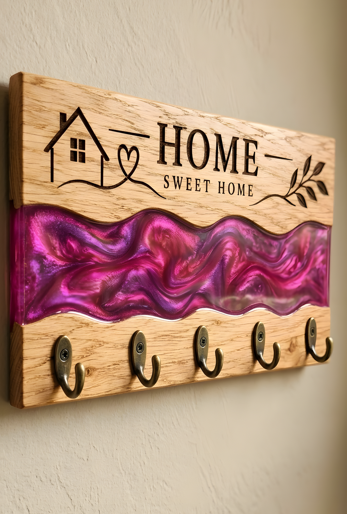 Personalised Handmade Oak Key Holder with Green Epoxy River, 5 Hooks, Engraved Home Sweet Home