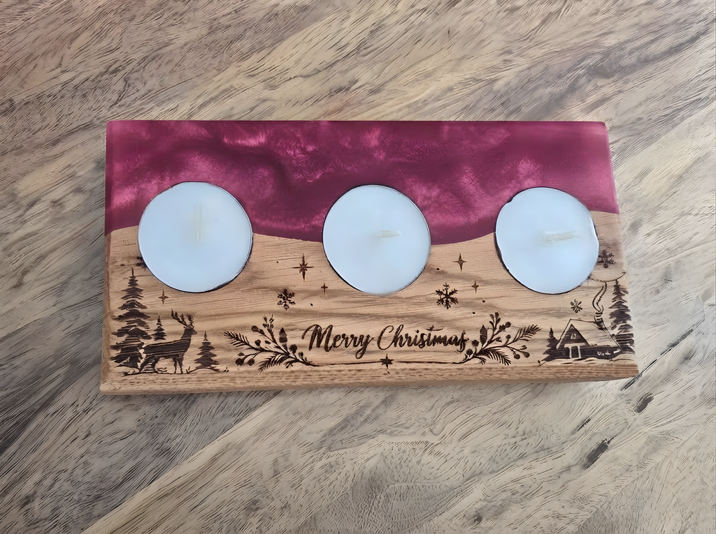 Solid Oak & Epoxy Resin Christmas Tealight Holder (90x190mm) – Engraved Holiday Decor