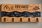 Personalised Handmade Oak Key Holder with Green Epoxy River, 5 Hooks, Engraved Home Sweet Home