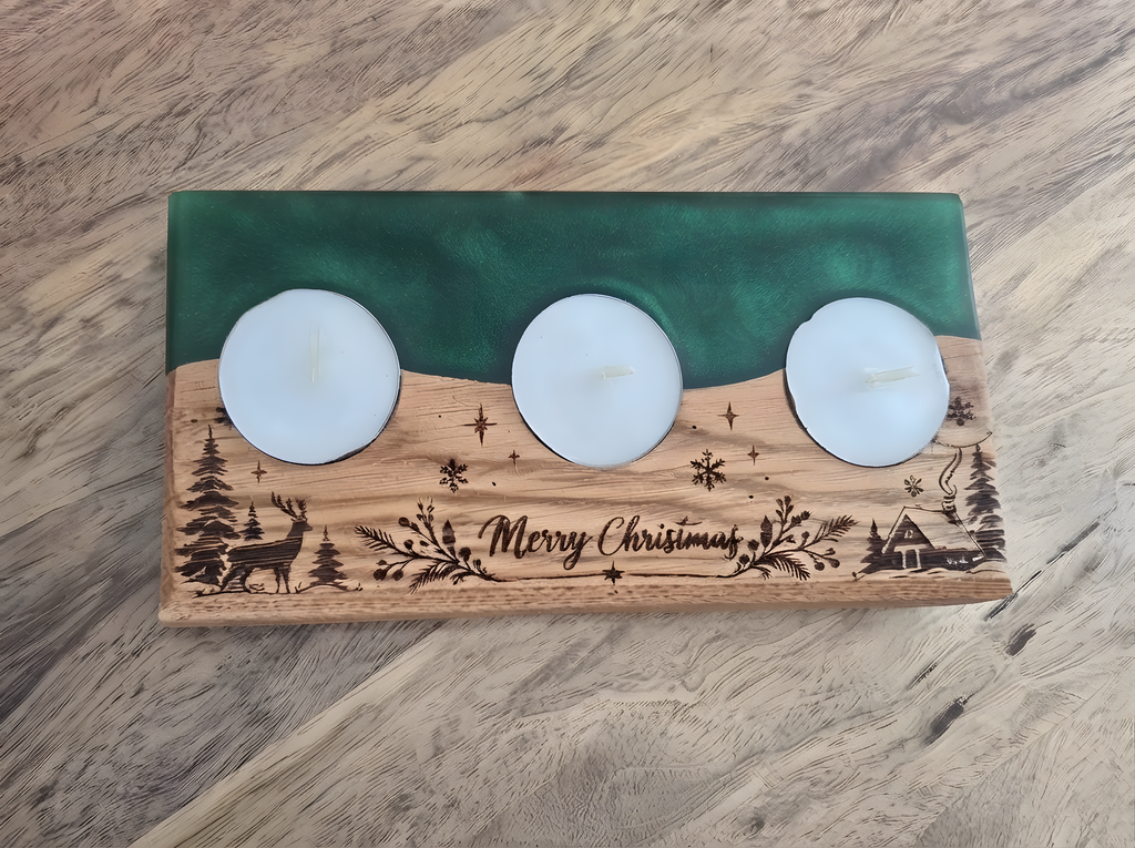 Solid Oak & Epoxy Resin Christmas Tealight Holder (90x190mm) – Engraved Holiday Decor