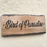 Bird of Paradise engraved rustic wooden house plaque